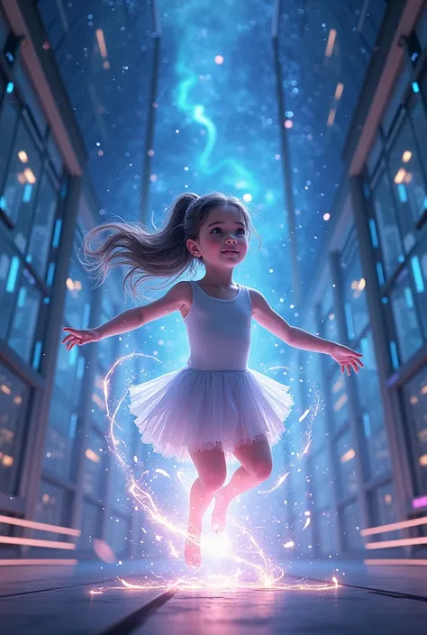 8 year old girl transforming into a gymnast in a futuristic environment with starry sky 