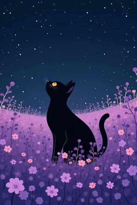 Art inspired by Ryo Takemasa and Isabelle Arsenault style, a Black Cat in a sea of purple flowers, purple flowers, dark blue starry sky background, simple background, flat illustration style, wide angle lens, soft tones, soft light