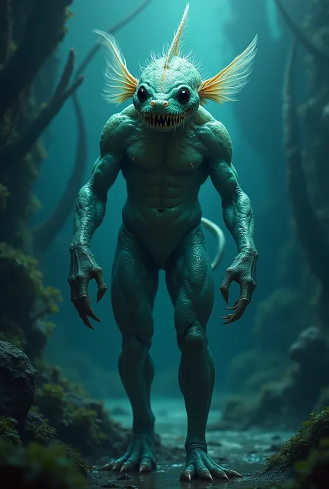 Anthropomorphic triton with blue-green scales, lantern of an angler fish on the head, sharp teeth and claws, all-black eyes, echolocators instead of ears