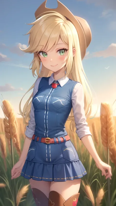 (masterpiece, best quality:1.2),cowboy shot,solo,1girl,mlpapplejack,smile,looking at viewer,low-tied long hair,cowboy hat,shirt,denim skirt,belt,wheat, thigh high boots, field,vector trace,