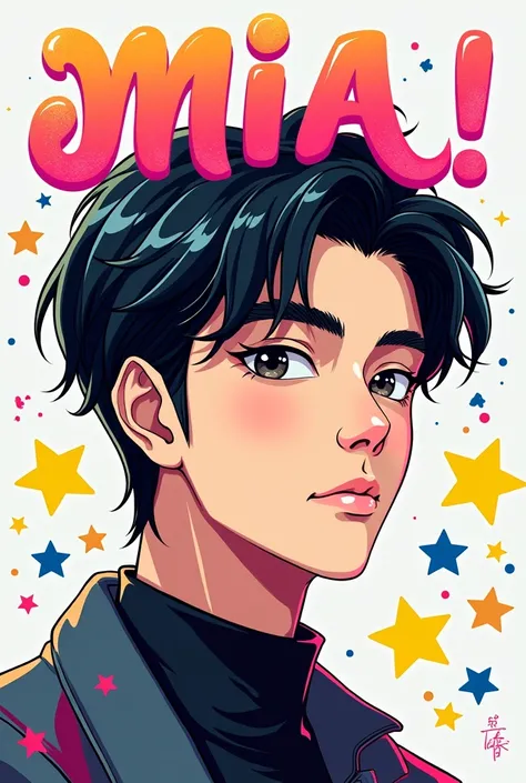 Korean actor Cha Eun Woo in anime with the word Mia above the letters MIA must be pink and yellow with black shadow and colored stars around it 