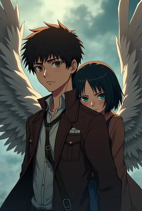 a guy with short curly hair and brown eyes. Behind him is a girl with short shoulder-length black hair, green eyes, and angel wings. Anime style, Attack of the Titans, intelligence corps