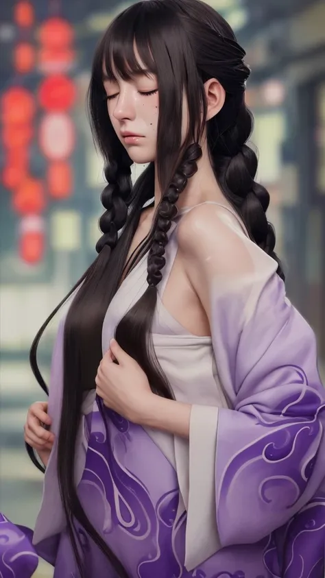 One person, solo, Long Hair, chest, Black Hair, Brown eyes、とてもLong Hair, Closed eyes, tears, Parted bangs, Two braids hanging down on either side, Tentacle hair, chest, Purple eyes, Mole at the corner of the mouth, Background blur, Ukiyo-e, 8k octane, 3D R...