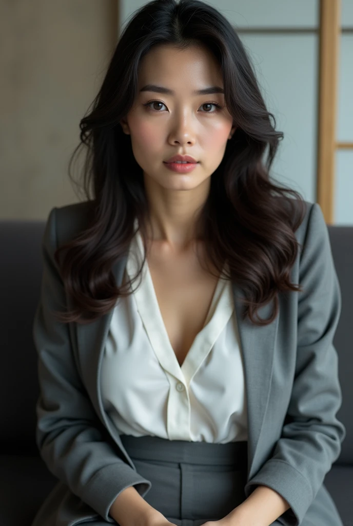 (highest quality, 8k, 32k, masterpiece, Ultra-high resolution:1.2),Beautiful Japanese Women Photos, 30 years old, alone、Married Woman、long wavy hair   sit on, 、look at camera, Unconscious、front)), ((Grey pencil skirt, Grey business jacket, White Business S...