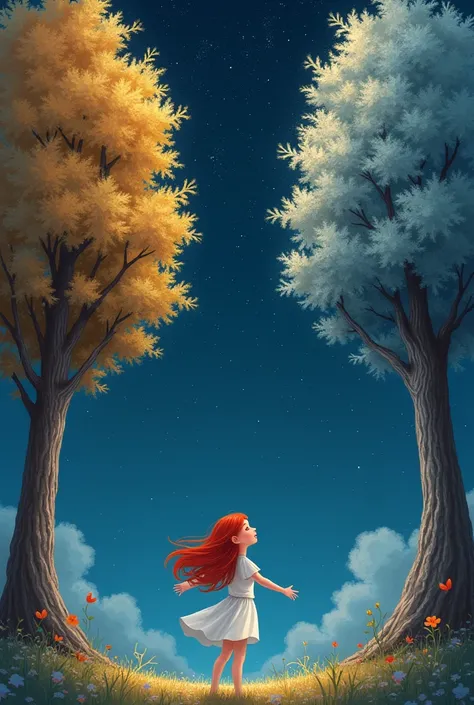 Draw a red-haired girl dressed in a white outfit, against the backdrop of the starry night sky, She stretches her arms towards two huge trees, one tree shines with gold, other silver 