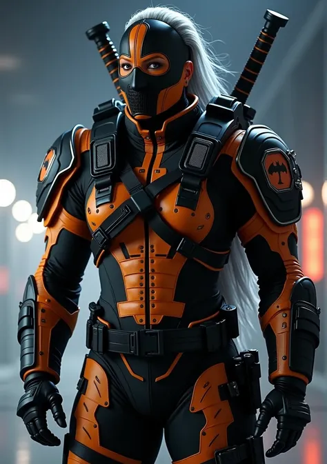 (wide Shot)A woman dressed like “Deathstroke” from Batman,white long hair, in a black and orange symetric tactical armor suit. The suit is made of Kevlar and ballistic plates and features numerous pockets and holsters for their weapons. She wears a half bl...