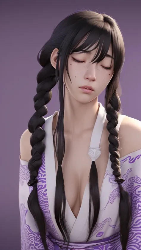 One person, solo, Long Hair, chest, Black Hair, Brown eyes、とてもLong Hair, Closed eyes, tears, Parted bangs, Two braids hanging down on either side, Tentacle hair, chest, Purple eyes, Mole at the corner of the mouth, Background blur, Ukiyo-e, 8k octane, 3D R...