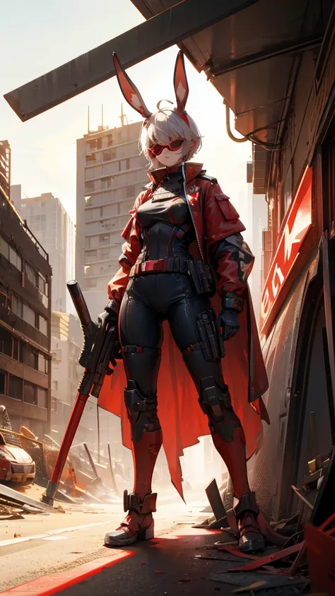 The metropolis of the future.A lovely and charming girl,Rabbit ears,short hair,All American Body,infrared glasses,Wearing a red and white combat uniform,Wearing a combat coat,Holding sniper rifle,in the ruined city