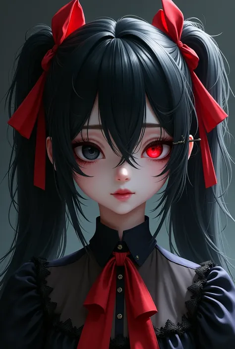 Black Hair、High twin tails、Red ribbon tied in a knot、Her right eye is hidden by her bangs、She has a punishment pin in her bangs、black eye、Pale skin、female、Gothicta Clothing。