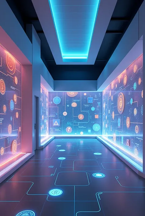 Please draw an nft that is an online futuristic room with futuristic crypto coins displayes on all ots walls... Make it very futurelistic 