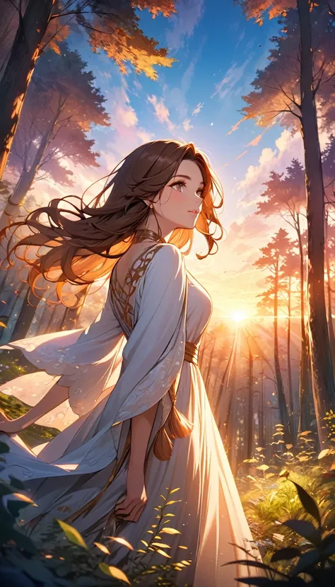 Beautiful mystical woman with brown hair, in a beautiful forest enjoying the sunset  