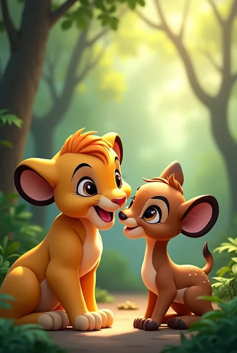 Cute Simba and cute dear very happy in jungle