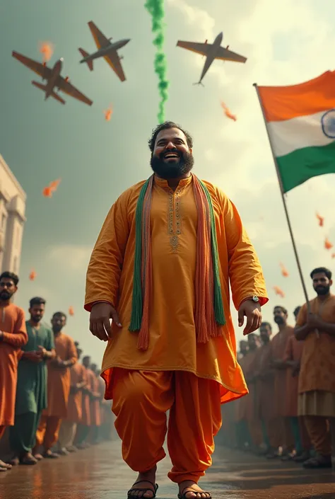 (photorealism:1.2), Indian very beautiful fat and tall man, were kurta payjama, happy face, The whole world is covered with the tricolor, 5 aircraft are raining saffron color in the sky, Indian people are saluting a big tricolor flag, it is raining in Indi...