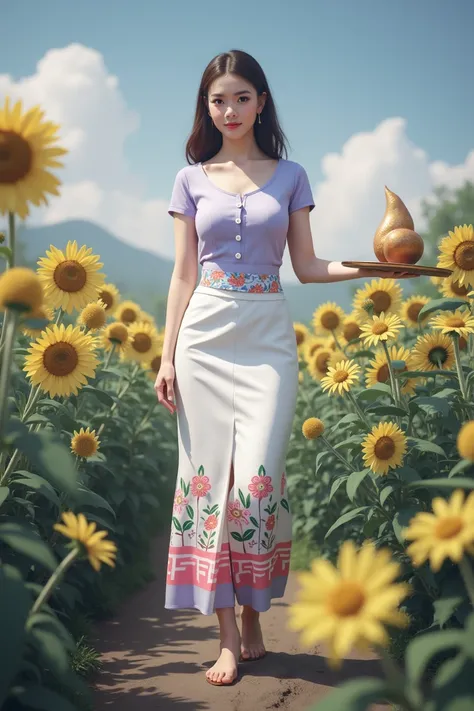 a girl wearing a light purple acmm top with short sleeves and buttons, acmm Myanmar outfit in white and pink with a printed pattern, holding a tray, detailed facial features, beautiful eyes, beautiful lips, detailed body, realistic, photorealistic, highly ...