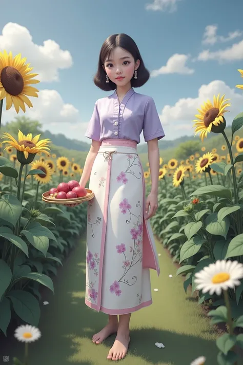 a girl wearing a light purple acmm top with short sleeves and buttons, acmm Myanmar outfit in white and pink with a printed pattern, holding a tray, detailed facial features, beautiful eyes, beautiful lips, detailed body, realistic, photorealistic, highly ...