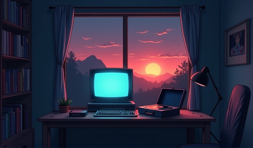 evening, 2D Style Anime, Lo-Fi, hard disk, Dark Environment、Desktop PC、unmanned、Private room、window、Bookshelf、Sunset、Record player、Ghibli style、Retro