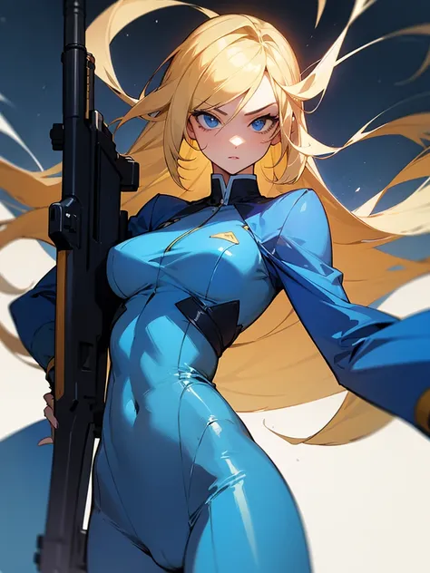 Blonde girl in a blue suit with a big gun