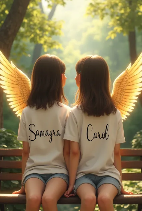 Creat a realistic image of two girls sitting on a bench with a golden wing  and wearing white tops and on one girl top samayra is written and another once top carol is written 