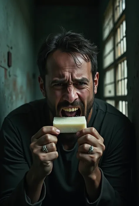 a man with a soap bar in his mouth, crying face expression, in a prison setting, highly detailed, cinematic lighting, dramatic composition, photorealistic, 8k, award winning photography, moody color palette, chiaroscuro lighting. Sorrows scene