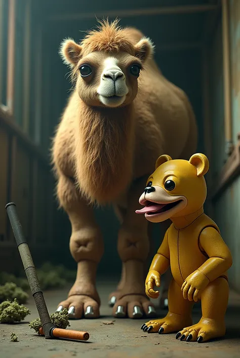 A drugged camel with giant human feet, a marijuana joint, and a yellow animatronic bear with a human mouth with giant fleshy lips., realisitic