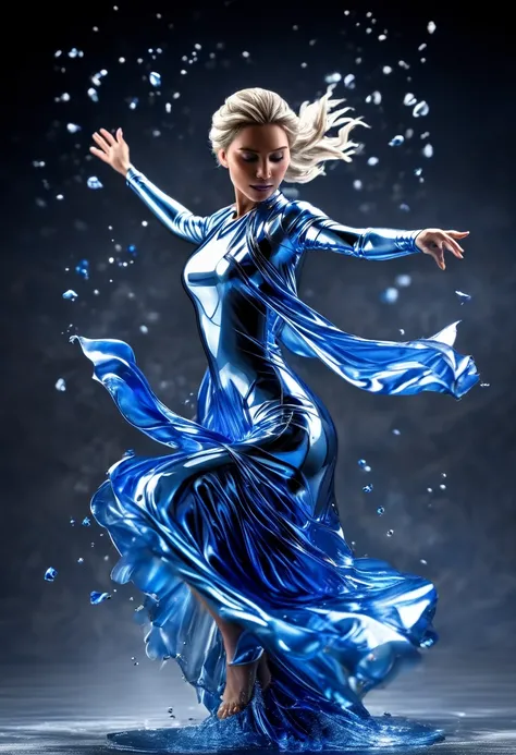 Liquid Metal Style，Liquid Metal Art，Liquid Metal Model，(masterpiece, Highest quality:1.2), Blue and silver metal，Liquid metal Elsa,whole body，Dynamic Action，Blank Background，Spell casting，Flying metal，Blurred foreground