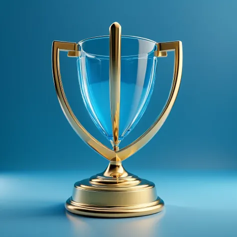 The golden trophy on the blue billiard table, 3D icon, Glass texture, no humans, blue background, simple background, still life, shadow, playgame, three sided view, 8k, super detail, best quality, retina, accurate