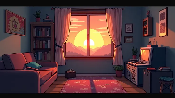 evening, 2D Style Anime, Lo-Fi, hard disk, Dark Environment、Laptops、unmanned、Private room、window、Bookshelf、Sunset、Record player、Ghibli style、Retro