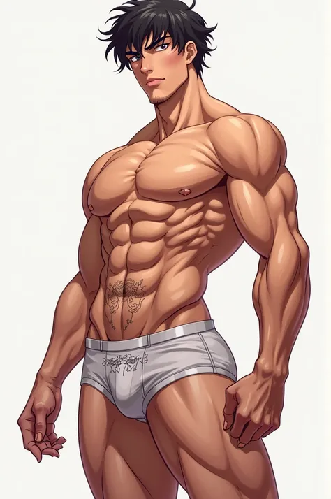 Anime man with toned torso and hard cock marking his underwear all over his body