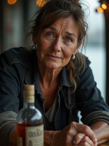 Rugged scruffy weathered woman sailor, a portrait of a seawoman with a rugged, ships captain,  capturing a slightly befuddled expression, she is sitting at the table next to her there is a bottle of whiskey, focus is on his facial expressions and the subtl...