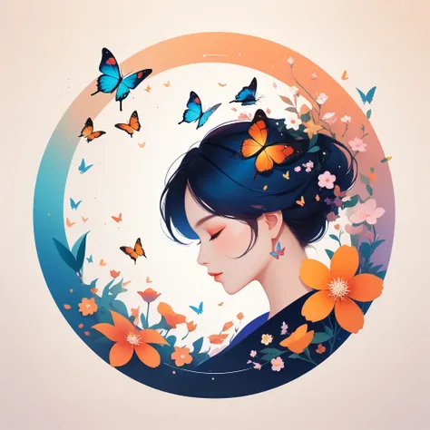 simple, cool, symbol logo, facial profile, 8k, a butterfly, flowers floating in a circle