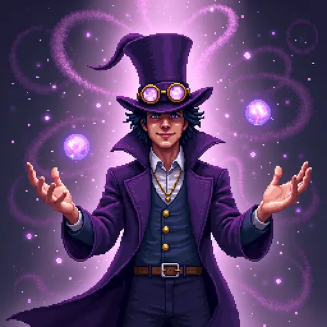 
A pixel art of a magician performing tricks, wearing a distinctive purple top hat with goggles attached, as seen in the image. The magician is surrounded by floating cards and glowing orbs, with a mysterious aura. (high resolution, pixel art, purple theme...