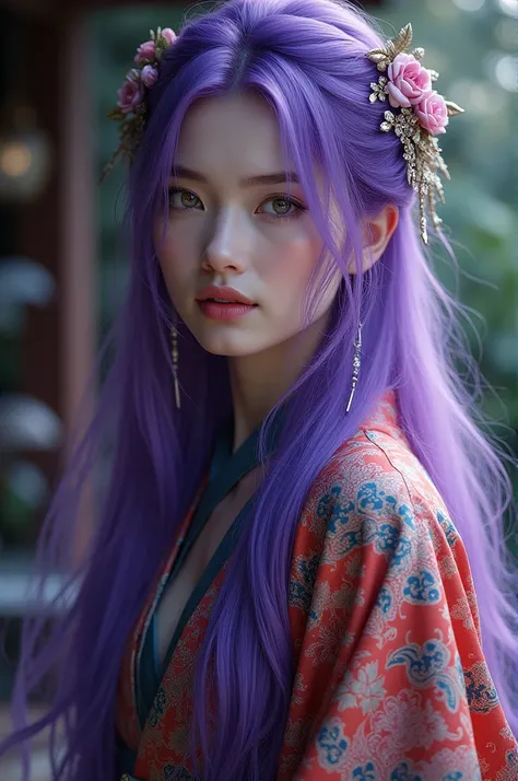 Purple hair, beautiful woman, long hair, kimono, hair accessory