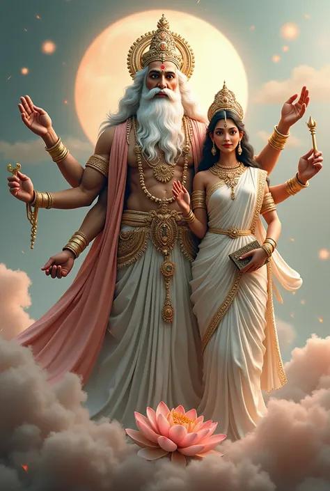 God brahma, with four arms white beard, holding lotus, book, with his wife goddess saraswati, she is also four arms white saree