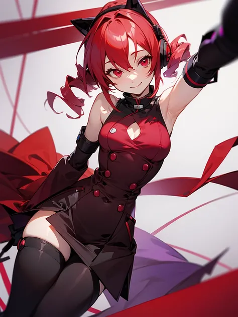 Kasane Teto drill hair twin drill red hair purple headphones red eyes smile black sleeveless clothing red lines with black buttons two chest pockets black arm covers hands on chest black tights