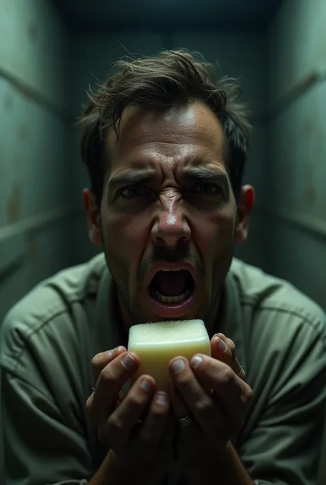 a man with a soap bar in his mouth, crying face expression, in a prison setting, highly detailed, cinematic lighting, dramatic composition, photorealistic, 8k, award winning photography, moody color palette, chiaroscuro lighting