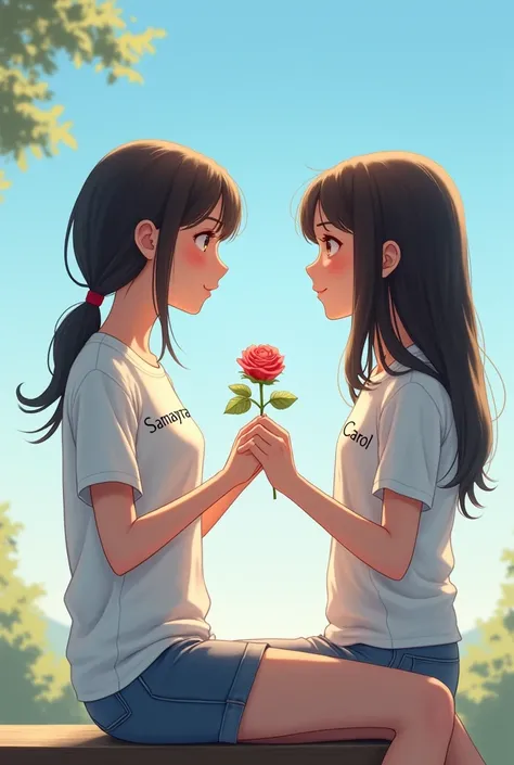 Creat a realistic image of two girls sitting on a bench holding a rose in hands and the background is sky and wearing white top on one top its written samayra and another once its written carol and facing eachother 