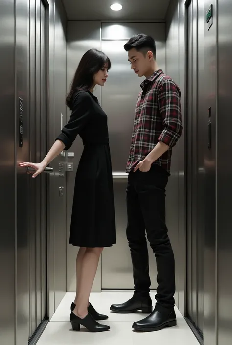 (photorealism:1.2), A young woman in a black dress stands with her hand on a silver elevator panel. A young man in a plaid shirt stands next to her.