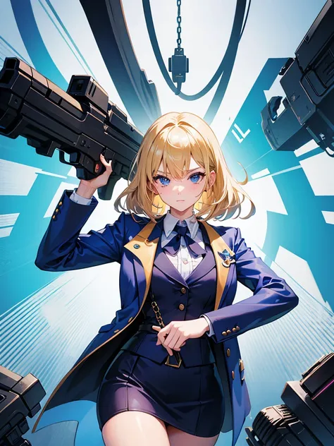 Blonde girl in a blue suit with a big gun 80s aesthetic