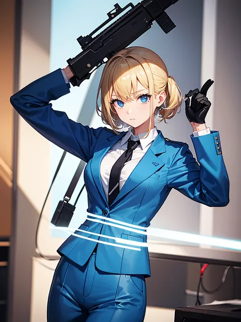 Blonde girl in a blue suit with a big gun 80s aesthetic