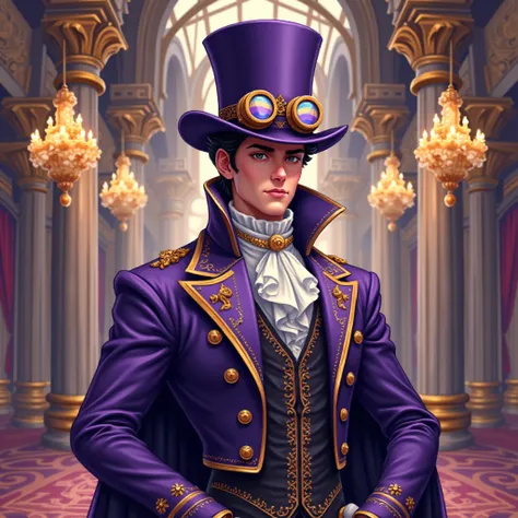 
A pixel art nobleman character in a luxurious outfit, wearing the purple top hat with goggles as seen in the image, standing in a grand ballroom filled with chandeliers and opulence. The scene is rich with purple and gold tones. (high resolution, pixel ar...