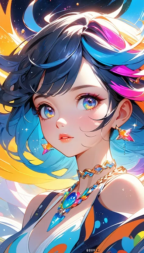 Close-up of a woman with colorfully hair and necklace, anime girl with cosmic hair, Rossdraws soft vibration, Gouviz style art, fantasy art style, colorfully], vibrant fantasy style, Rossdraws cartoon full of vitality, cosmic and colorfully, Guweiz, colorf...