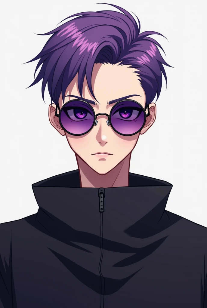 Anime thin round sunglasses purple hair man facing forward 