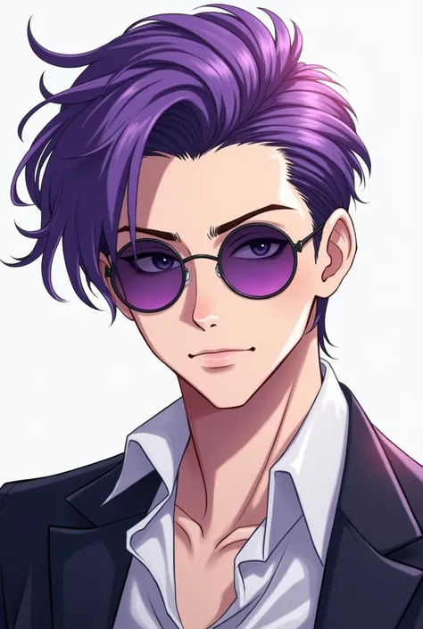 Anime thin round sunglasses purple hair man facing forward 