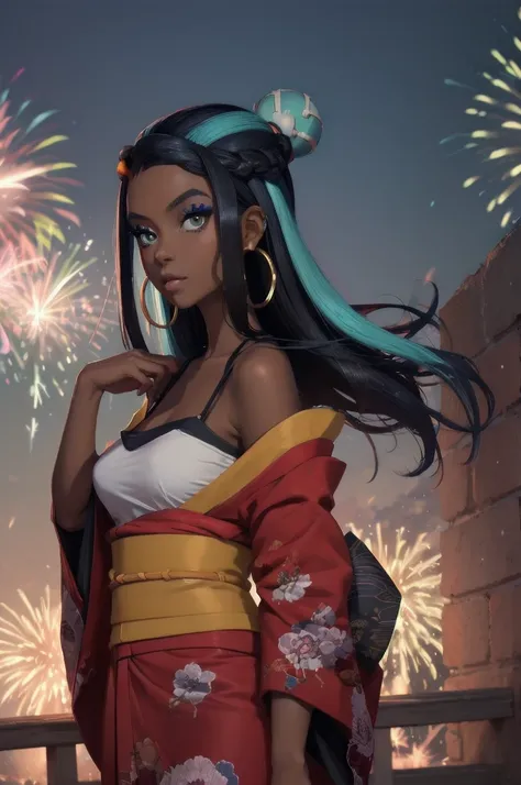 masterpiece, best quality, solo, 1girl, nessarnd, dark skin, makeup, single hair bun, kimono, hoop earrings,medium breasts, bare shoulders, fireworks 