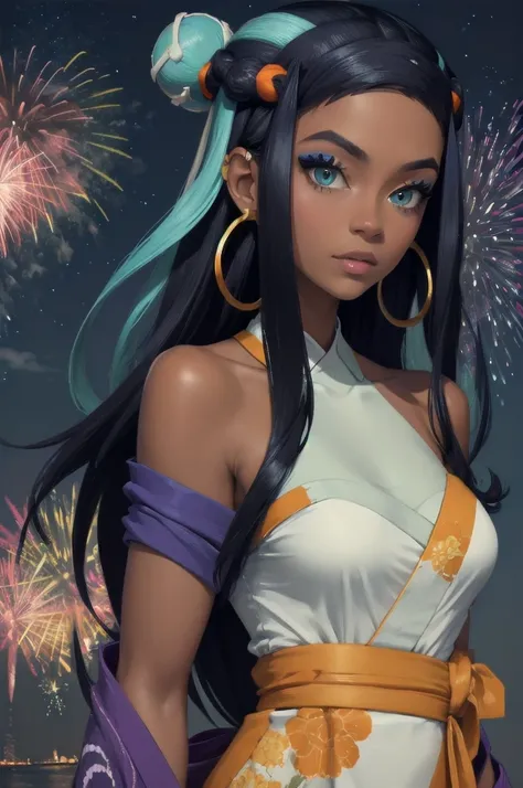 masterpiece, best quality, solo, 1girl, nessarnd, dark skin, makeup, single hair bun, kimono, hoop earrings,medium breasts, bare shoulders, fireworks 