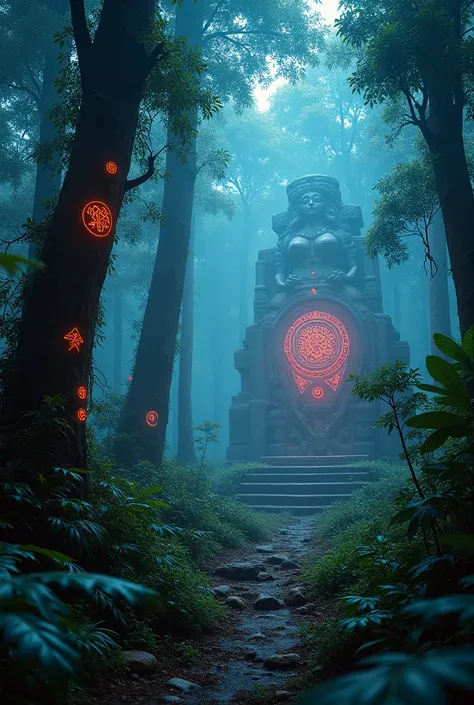 A high-resolution brightly lit photorealistic photograph of an ancient rain forest with criptic symbols of tribals and alienish paterns on the tree trunks glowing in uv colours  cinematic cyberpunk uv lightings in the background smog and misty fog in the a...