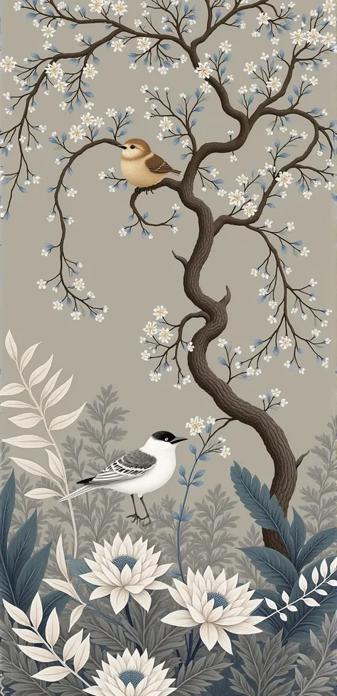 Detailed and elegant wallpaper design inspired by nature. The layout includes a tall tree with branches extending across the top of the image, decorated with blue and white flowers. A bird with a light brown body and a white head sits on one of the branche...