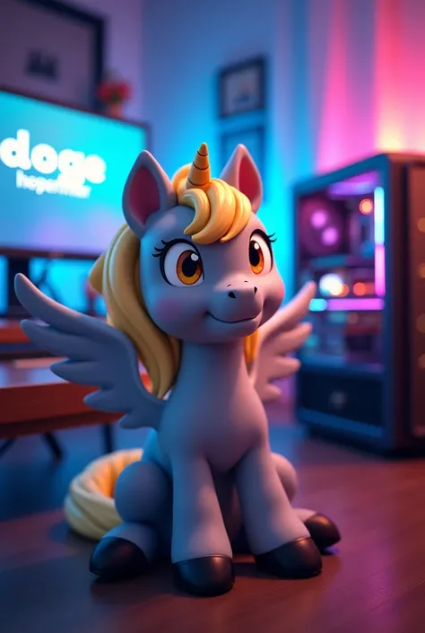 I want a picture of Derpy Hooves her skin color is gray, and her hair is golden, golden eyes and grey wings, I want it to be on a gamer PC looking at the camera and the monitor, this is a YouTube channel that says "doge the experimenter" RGB lights and Der...