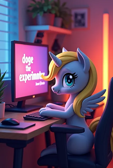 I want a picture of Derpy Hooves her skin color is gray, and her hair is golden, golden eyes and grey wings, I want it to be on a gamer PC looking at the camera and the monitor, this is a YouTube channel that says "doge the experimenter" RGB lights and Der...