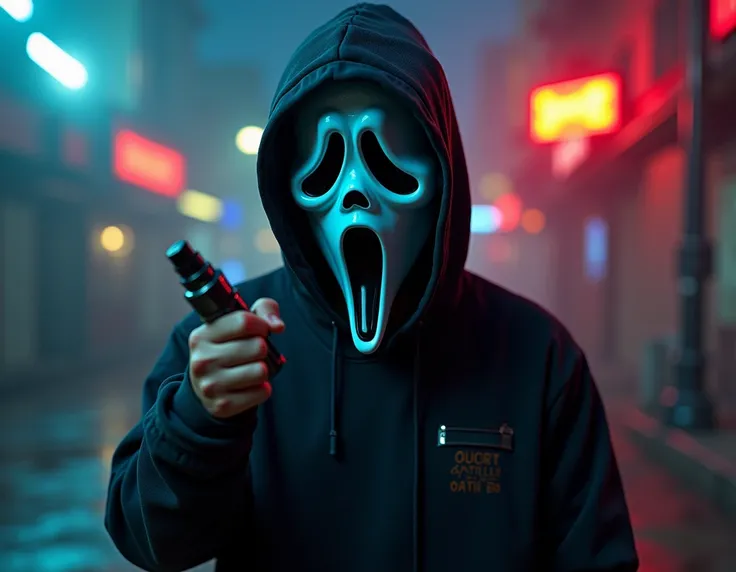 young, costume, scream mask, vape, in it, cool